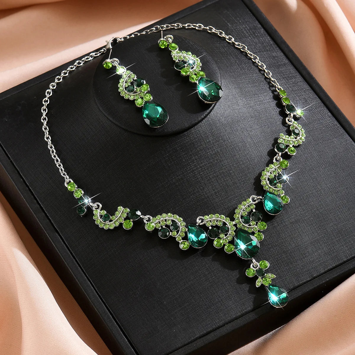 Women's Blue Geen Black Water Drop Earrings Necklace Set, Elegant Jewelry Gift for Women, Perfect for Parties & Daily Wear