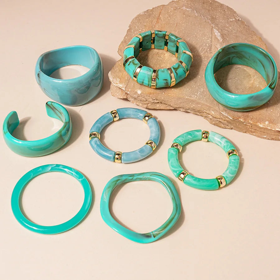 KMVEXO Vintage Turquoise Blue Geometric Resin Bangle Women Irregular Wide Bracelet Ladies Bohemian Beach Acrylic Bangles Jewelry