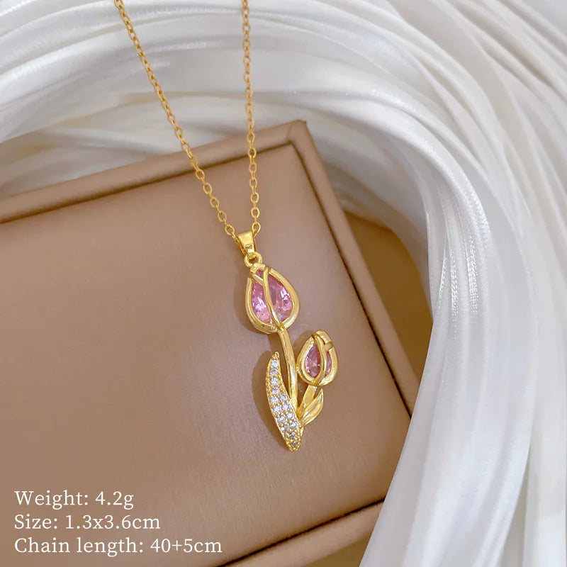 316L Stainless Steel Luxury Zircon Flower Pendant Necklace For Women Girl New Trend Clavicle Chain Jewelry Lady Gift