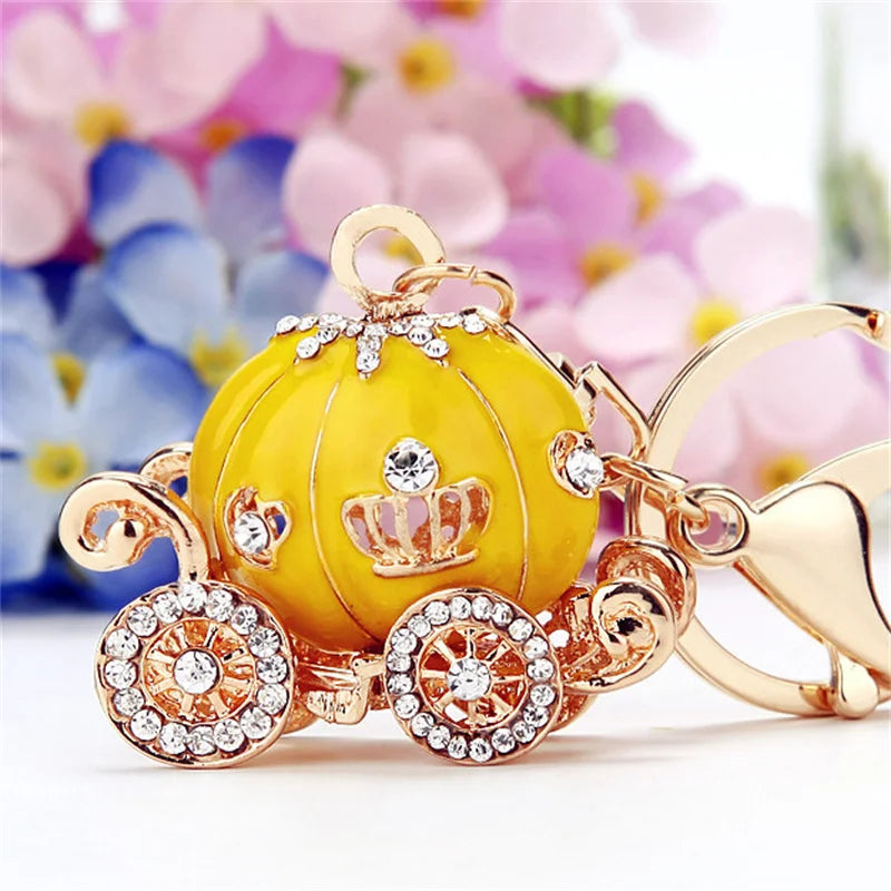 Fantastic Princess Pumpkin Carriage Keyring Crystal Hallowmas Fairytale Keychain Painted Purse Bag Pendant Car Key Ring Holder