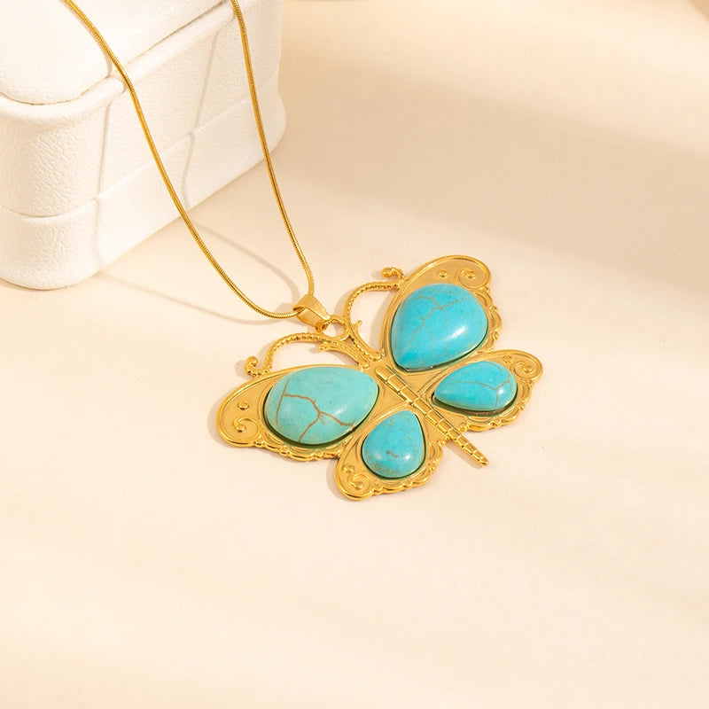 ANENJERY 316L Stainless Steel Turquoise Cross Butterfly Geometry Pendant Necklace For Women Niche Boho Exaggerated Jewelry Gifts