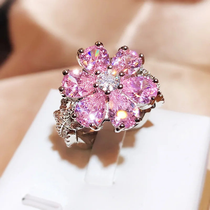 Cute Female Pink Crystal Stone Ring Charm Upscale Thin 925 Sterling Silver Wedding Rings for Women Bride Flower Zircon Jewelry