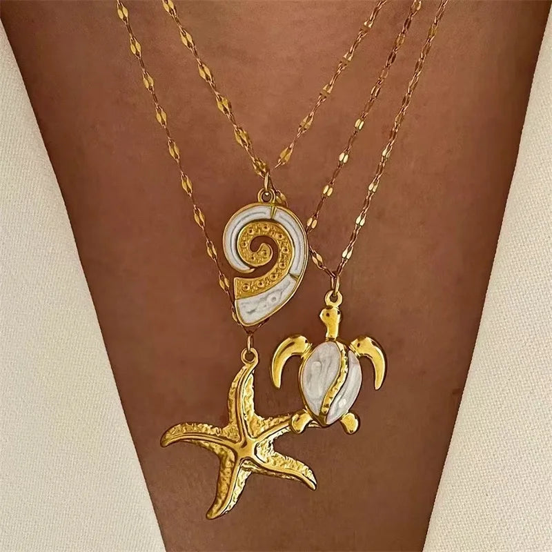 EILIECK 316L Stainless Steel Pearl Shell Starfish Sun Charm Necklace For Women Ocean Style Gold Plated Handmade Holiday Jewelry