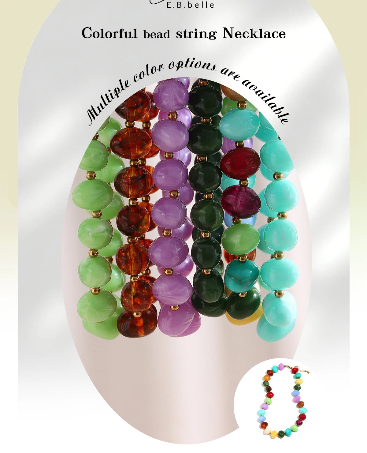 E.B.belle Colorful Candy Bead Strand Necklace Adjustable Gold Extension Chain Flat Oval Resin Beads Fashion Beach Women Jewelry
