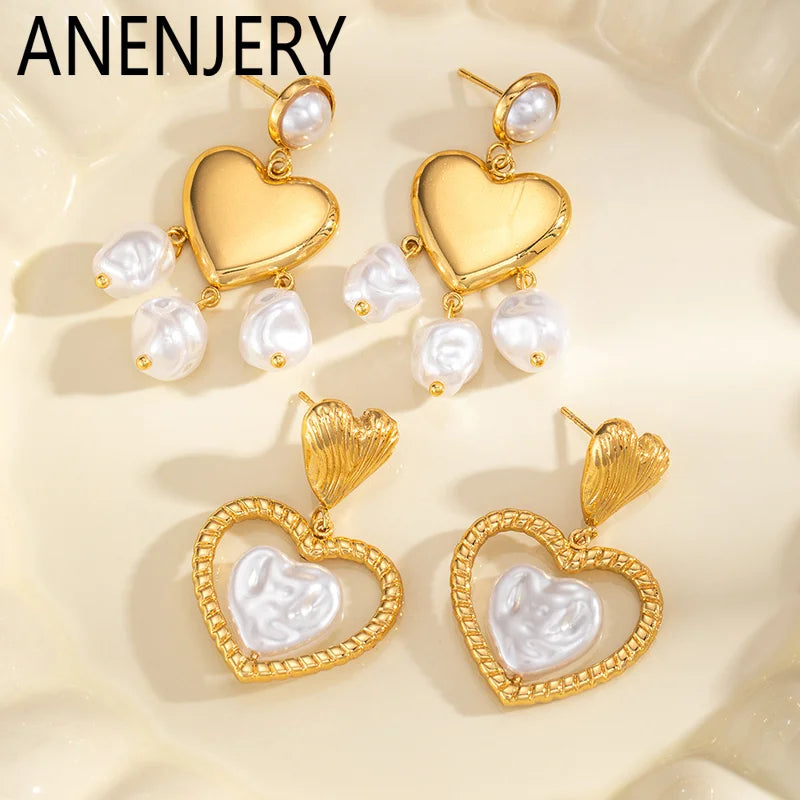 ANENJERY 316L Stainless Steel Imitation Pearls Hollow Heart Stud Earrings For Women French Vintage Luxury Niche Jewelry Gift