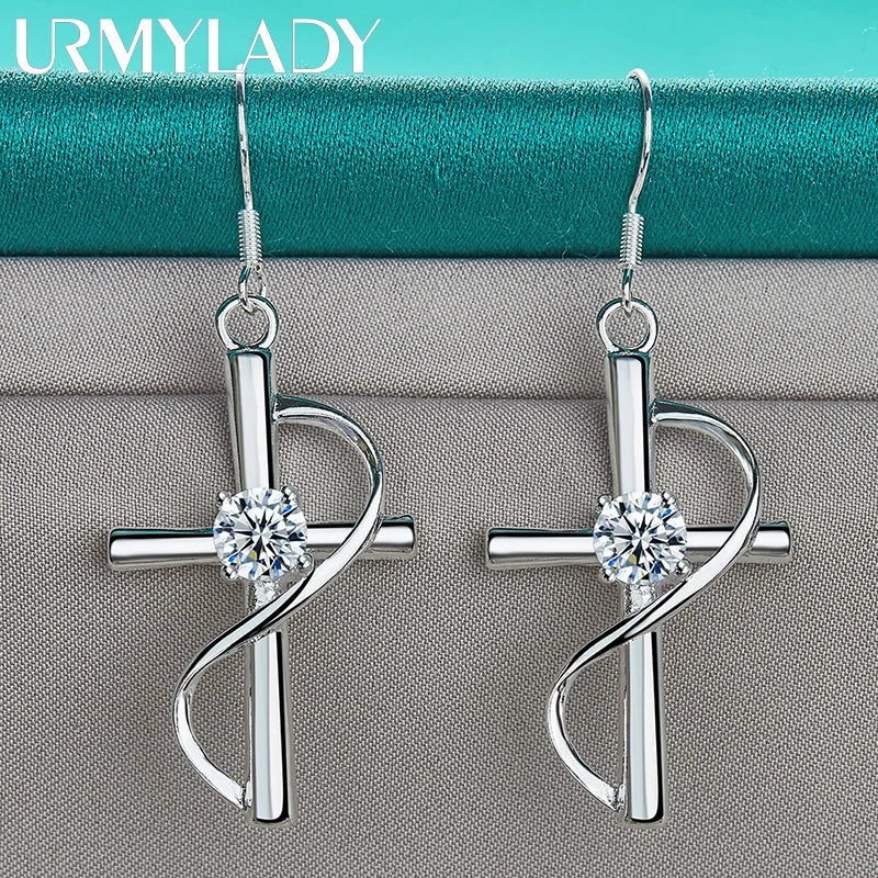URMYLADY 925 Sterling Silver Cross Zircon Earrings For Women Charm Jewelry Wedding Fashion Gift