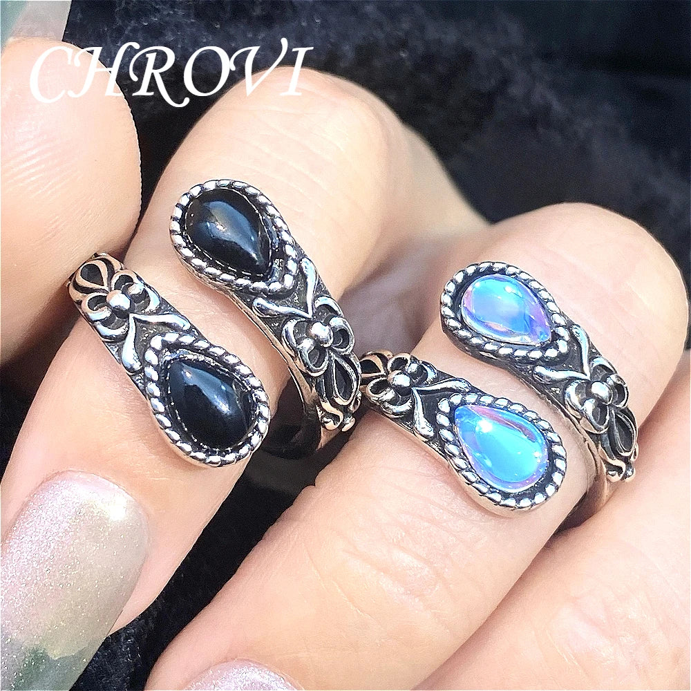 Retro 925 Sterling Silver Agate Spoon, Moonstone Ring, Women's Simple and Fashionable Ring