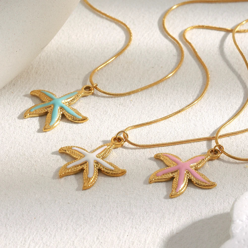 E.B.belle Summer Beach Cute Coloful Starfish Pendant Necklace 18K Gold Plated  316L Stainless Steel Holiday Neck Jewelry
