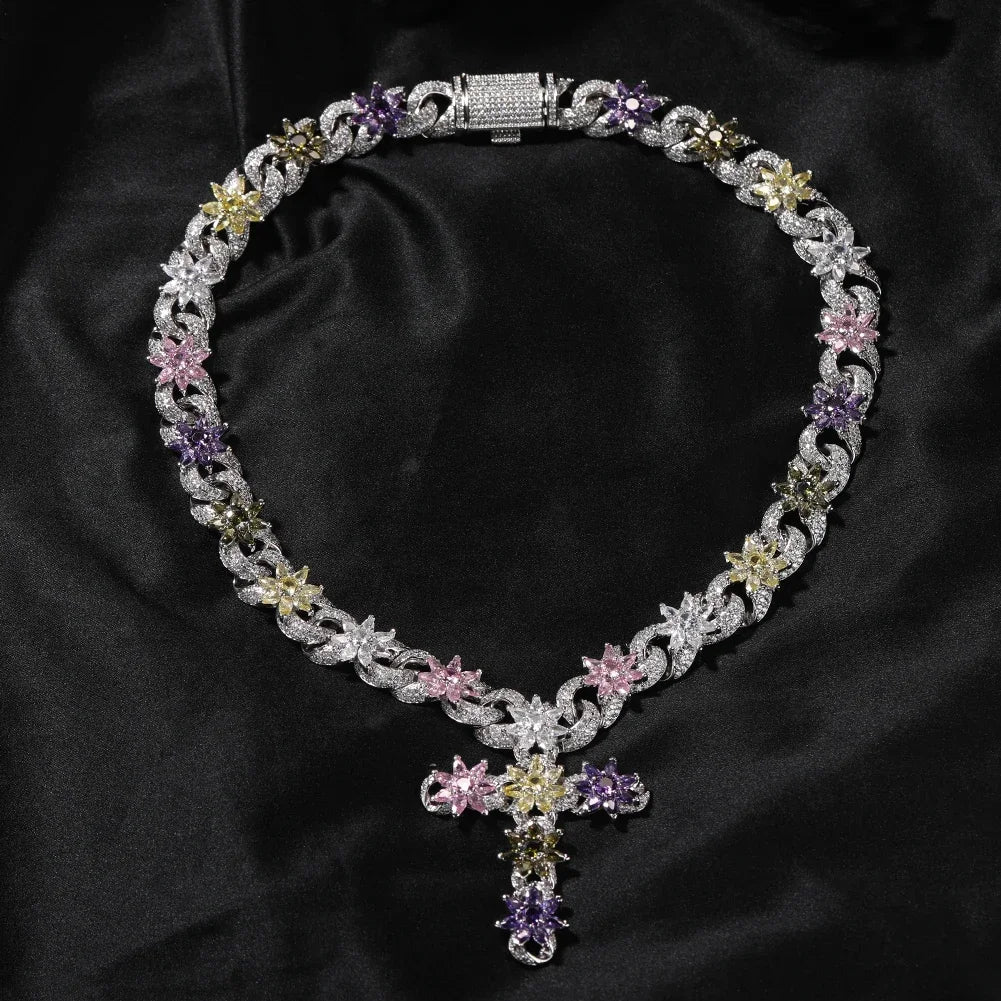 Colorful Flower Cross Charms Cuban Chain Full Pave Iced Out Baguette Cubic Zirconia HipHop Jewelry Unisex Gift For Men Women
