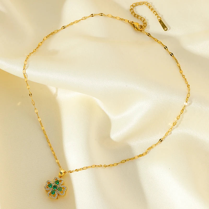 EILIECK New Fashion Stainless Steel Rotating Green Clover Zircon Necklace Bracelet Set For Women Trendy Waterproof Jewelry Gift