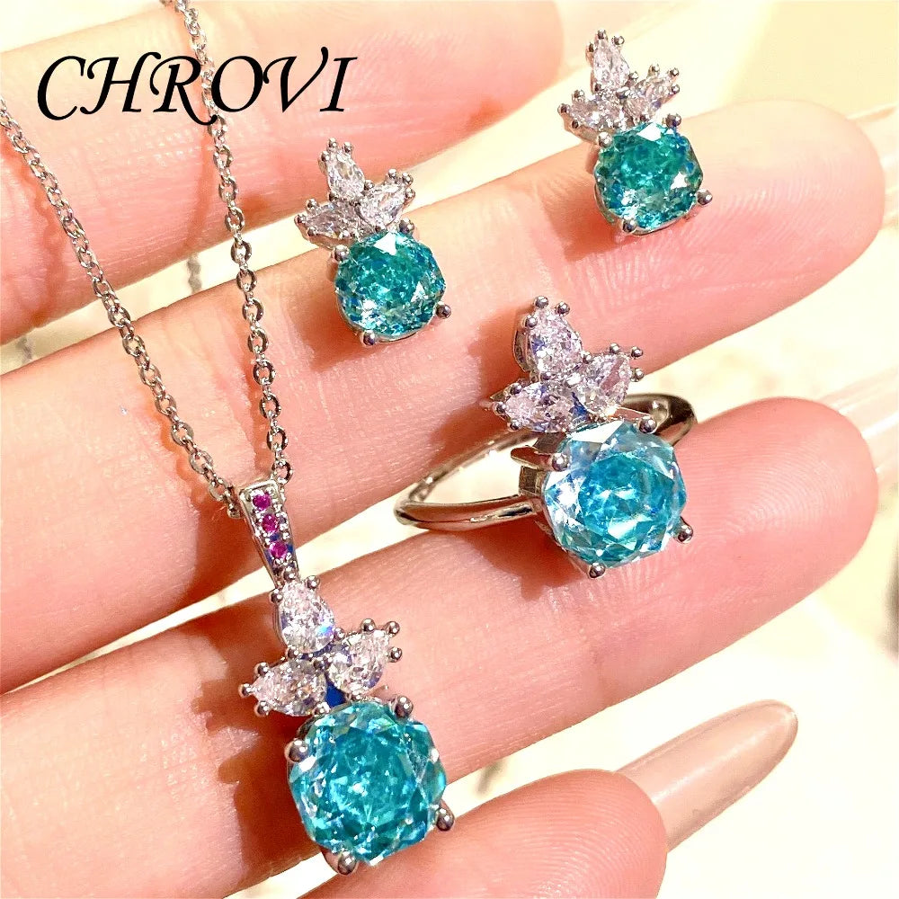 Luxury 925 Sterling Silver Millennium Rose Diamond Pendant Necklace, Diamond Ring and Stud Earring Set