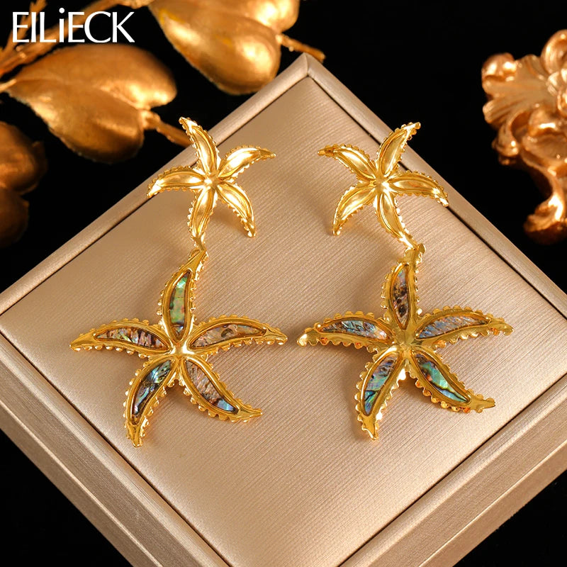 EILIECK 316L Stainless Steel Starfish Drop Dangle Earrings Stylish Trendy Waterproof 18K PVD Plated Metal Jewelry for Women