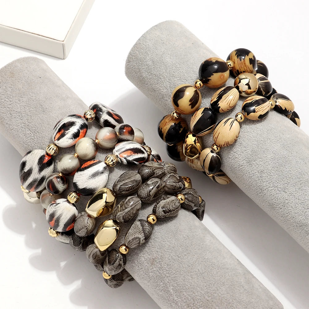 Personality Leopard Print Irregular Beaded Stretch Bangles Bracelets Retro Acrylic Geometric Beads Bracelet Women Jewelry