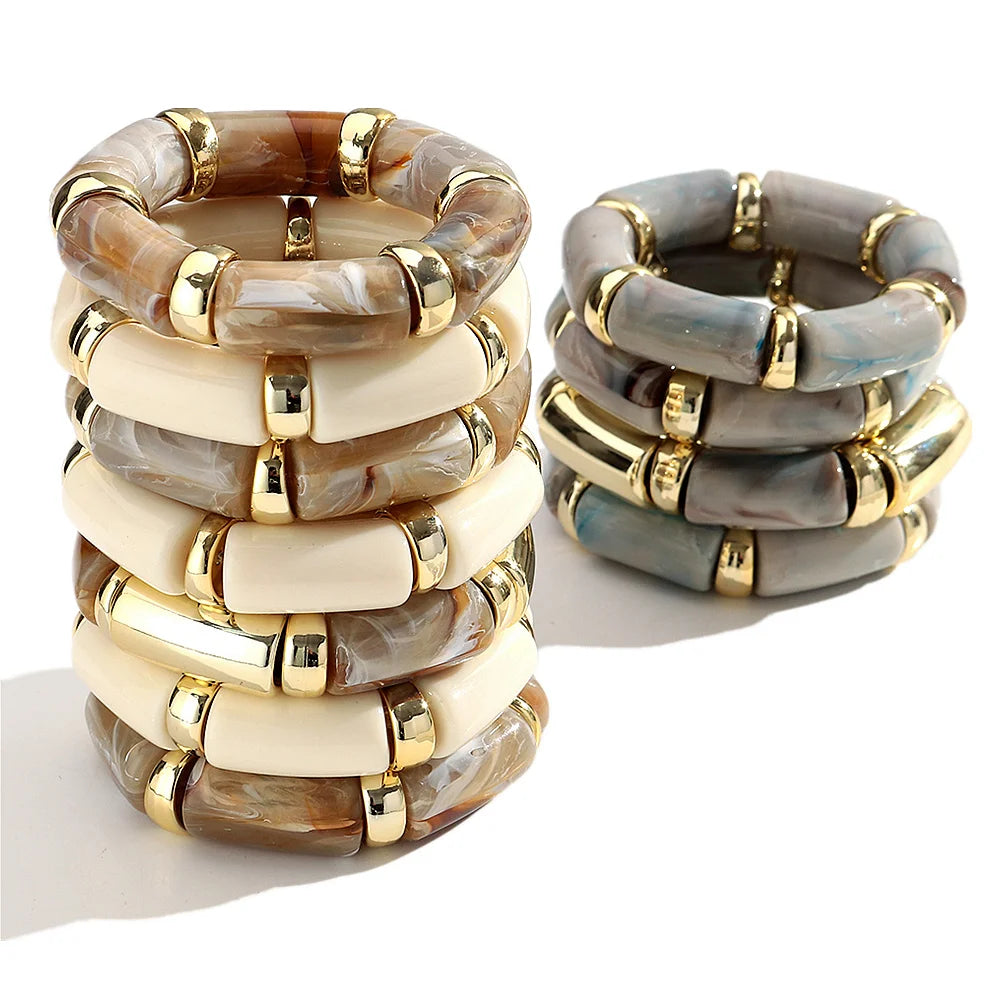 3pcs Fashion Chunky Tube Beaded Elastic Bangle Bracelets Acrylic Marbled Geometric Curved Beaded Bracelet Vintage Jewelry Gifts
