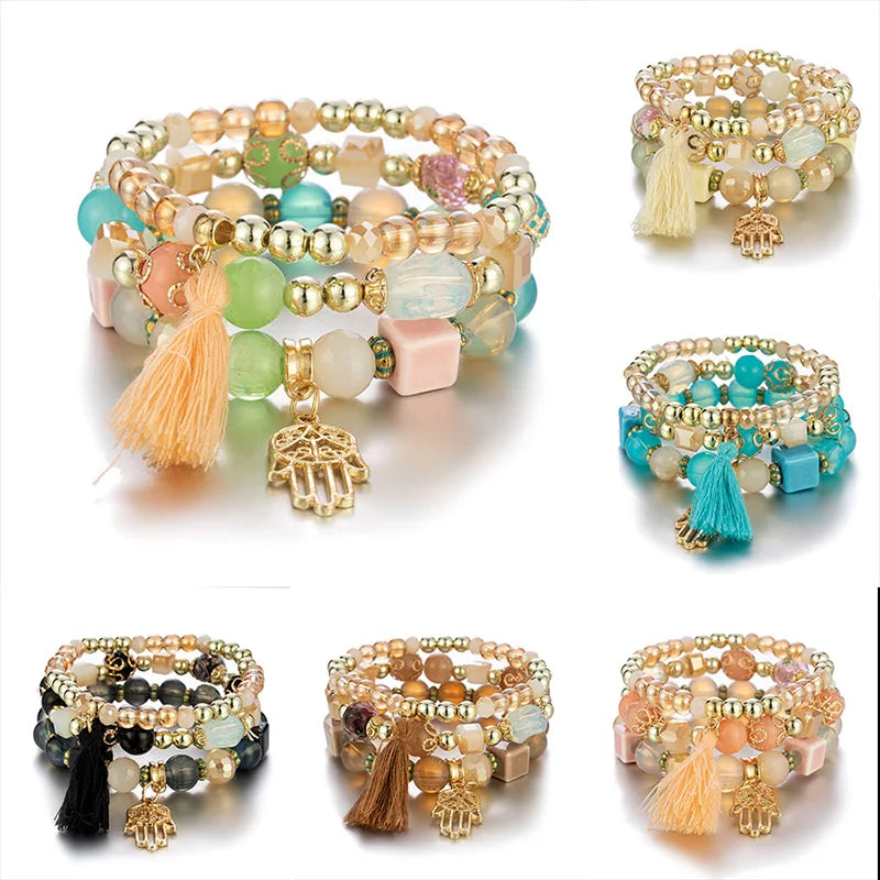 3Pcs/set Boho Fatima Hand Charm Bracelets Set For Women Tassel Colorful Beads Chain Bangle Girls Bohemian Jewelry Accessories