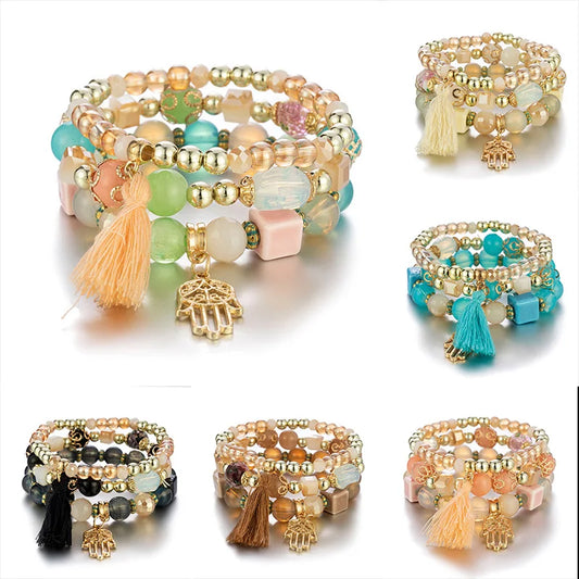 3Pcs/set Boho Fatima Hand Charm Bracelets Set For Women Tassel Colorful Beads Chain Bangle Girls Bohemian Jewelry Accessories