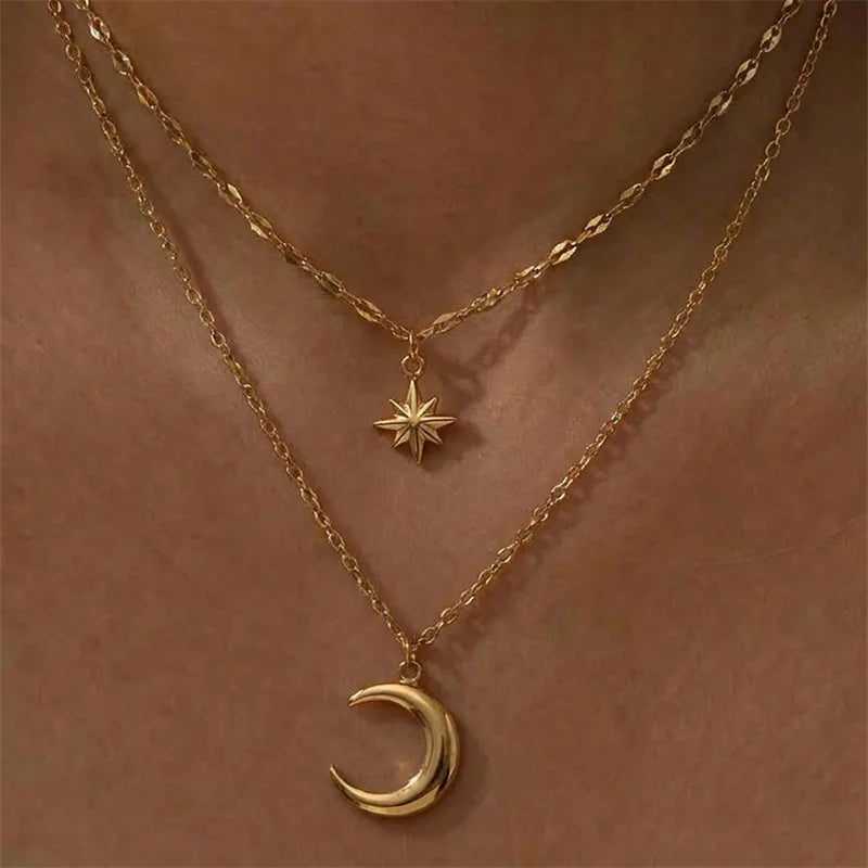 EILIECK Women's Retro Star Moon Pendant Necklace 18K Gold PVD Plated Stainless Steel Waterproof Layered Neck Chain Daily Jewelry