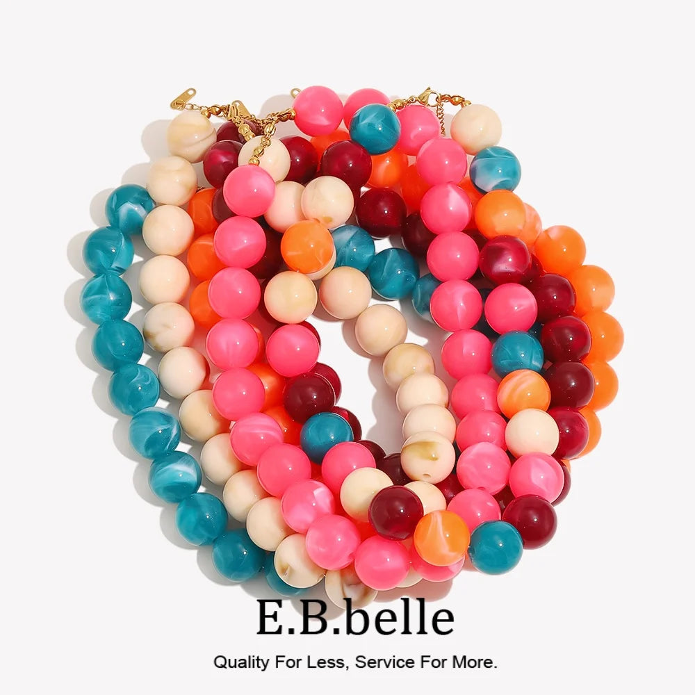 E.B.belle Colorful Marbled Resin Bead Necklace Hypoallergenic Chunky Beaded Chain Bohemian Holiday Women Jewelry Accessories