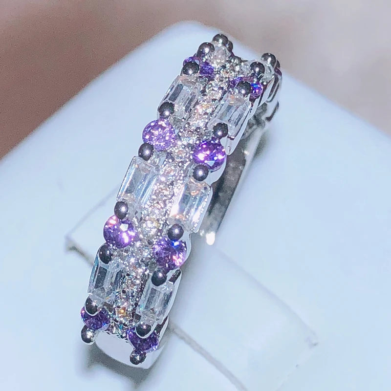 New Fashion Square Ring Purple AAA+ Zircon Micro-inlay For Women 925 Stamp Classic Two-color Zircon Full Drill Wedding Rings