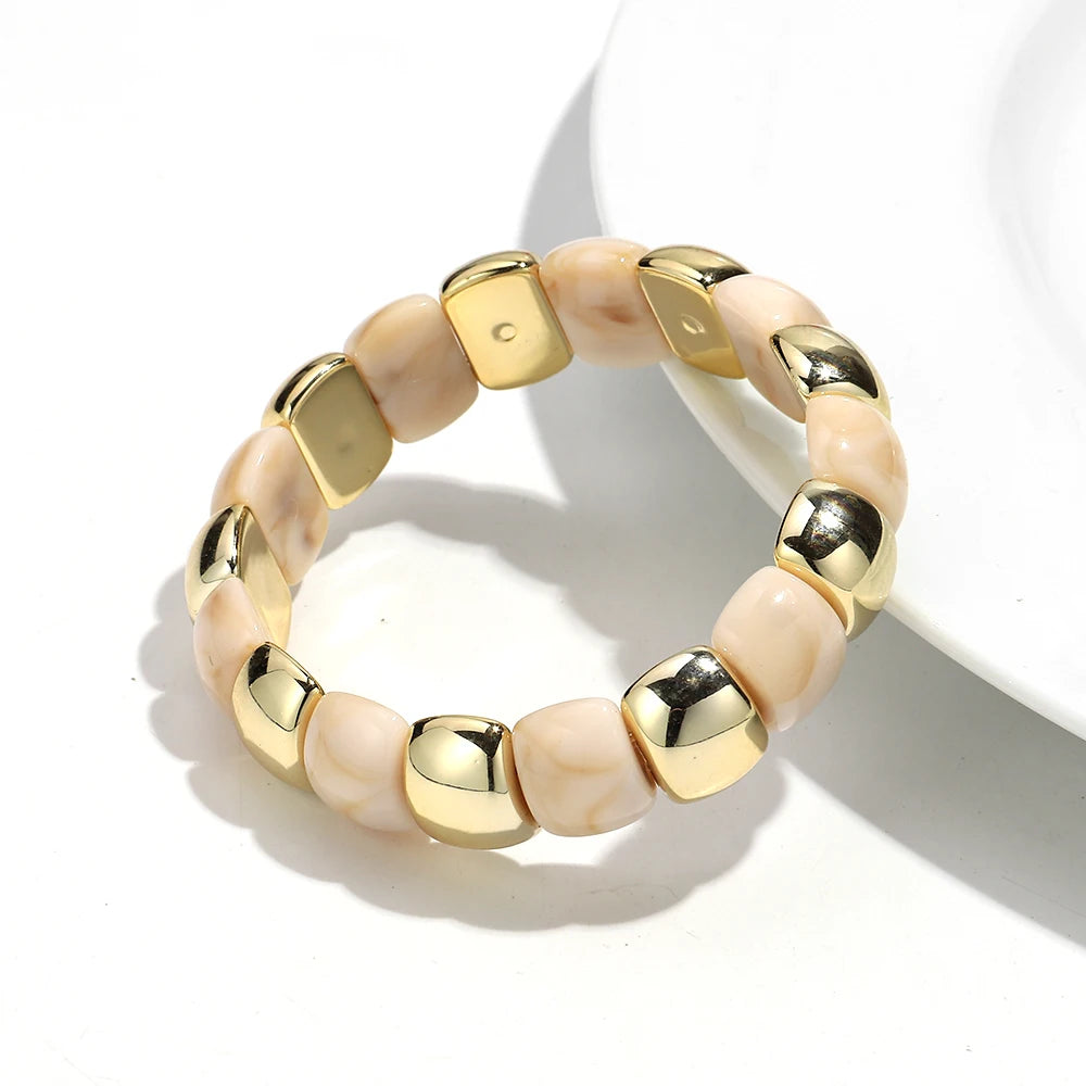 Vintage Acrylic Coloful Geometric Beads Elastic Bangle Bracelets Fashion Resin Golden CCB Bead Stackable Bracelet Women Jewelry
