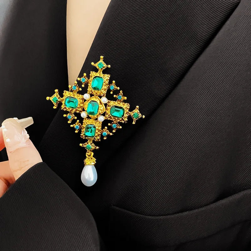 Vintage Cross Brooch for Women Geometric Green Crystal Pearl Pendant Jewelry Accessories