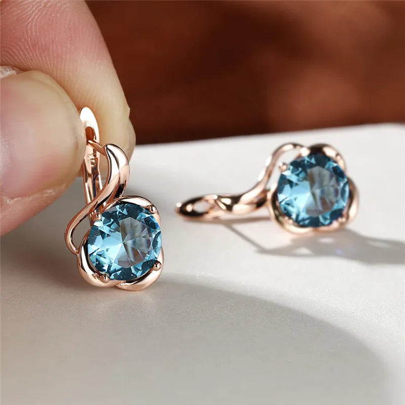 Female Crystal Round Red Green Purple Zircon Stone Flower Hoop Earrings Charm Rose Gold Color Wedding Jewelry Earrings For Women