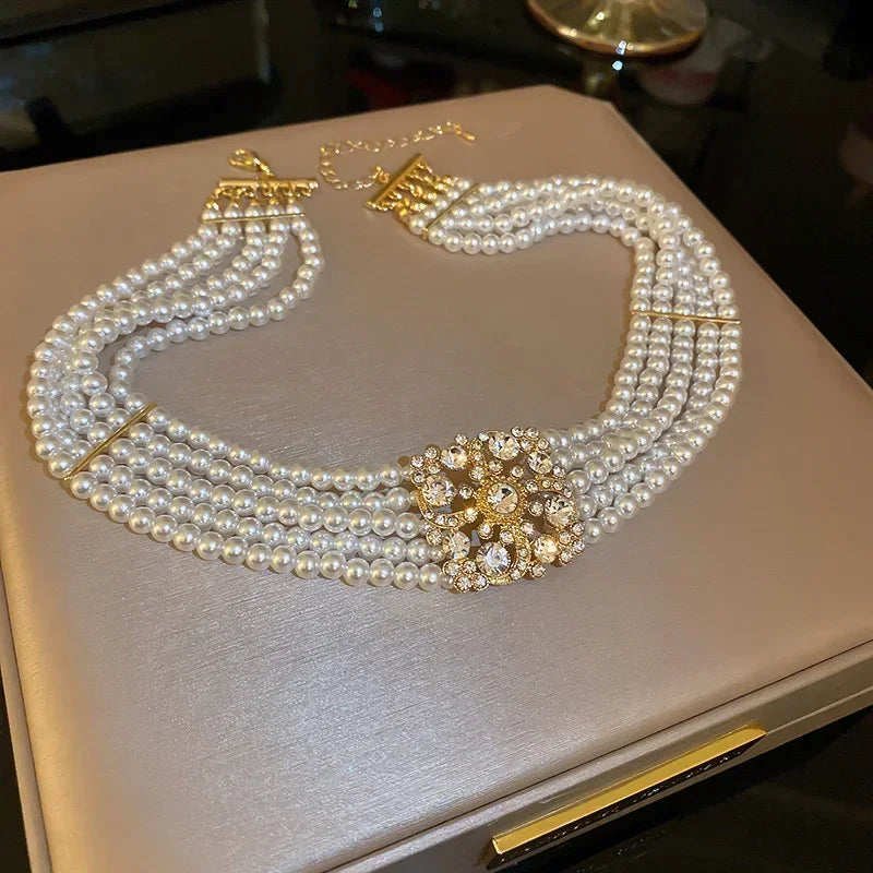 Elegant Multilayer Pearl Choker Necklaces for Women Crystal Flowers Necklaces Weddings Party Jewelry
