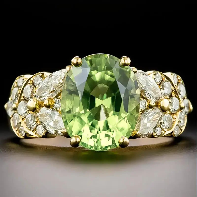 Huitan Women Gold Color Ring Luxury Accessories Inlaid Bright Green Cubic Zirconia Fashion Wedding Engagement Lady Jewelry Gift