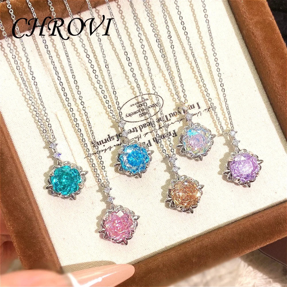 Exquisite 95 sterling silver millennium rose with brilliant coloured gemstone necklace, rose flower clavicle chain