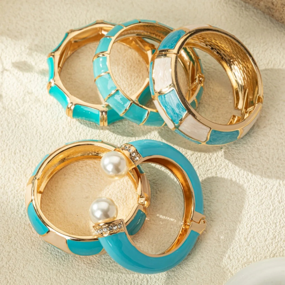 KMVEXO Bohemian Blue Enamel Cuff Bangles Geometric Irregular Gold Color Metal Wide Bracelet For Women Men Punk Pearl Jewelry