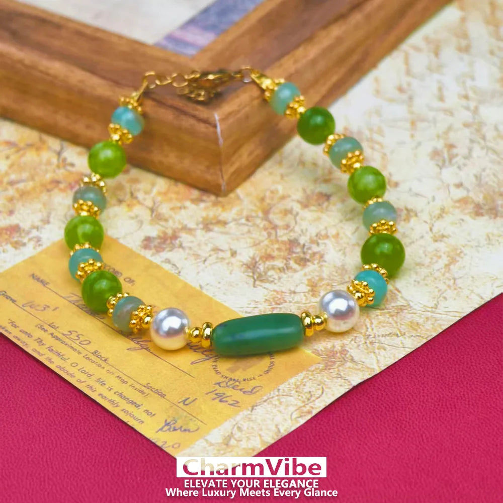 Natural Green stone Bracelet for Women Golden Pearl Adjustable Lobster Clasp Bracelet Boho Wedding Party Jewelry Gift