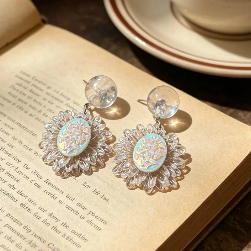 Transparent Flowers Women Earrings Sweet Light Luxury Fashion Jewelry Elegant Vintage Palace Style Pendientes Mujer