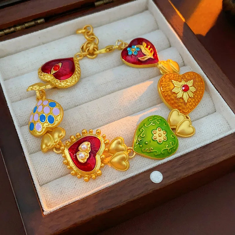 Vintage Bracelet Earrings Set for Women Drip Oil Love Flower Drop Earrings Light Luxury Jewelry Sets Wedding Party Gift