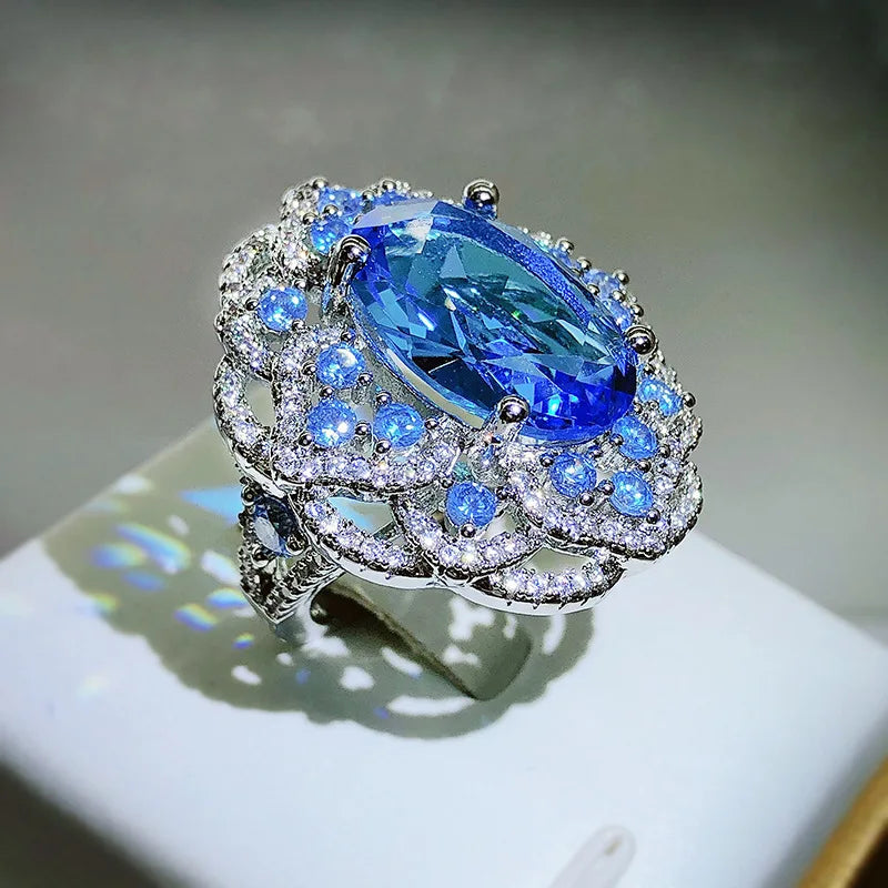 High Quality Sparkling Blue Zircon Large Flower Ring Female 925 Silver Fashion Wedding Party Proposal Jewelry Gift