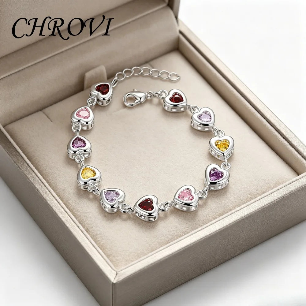 Exquisite 925 sterling silver cubic zirconia crystal heart bracelet for women, versatile, fashionable, suitable for commuting