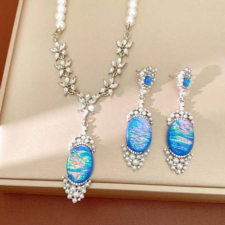 Imitation Pearl Necklace Drop Earrings Oval Shaped Pendant Necklace Earring Women's Fashion Rhinestone Party Jewelry Set  K