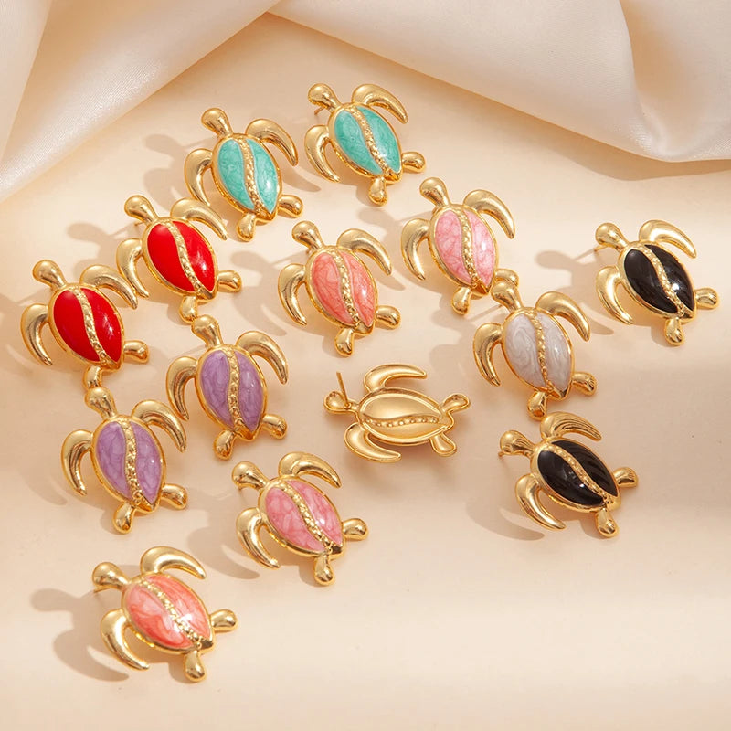 ANENJERY 316L Stainless Steel Colorful Stripes Turtle Earrings For Women Niche Design Unique Cute Jewelry Gifts Wholesale