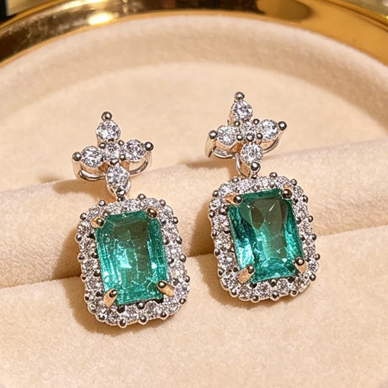 925 Silver Earrings for Women's Shiny Green AAAA Zircon Earrings Stylish Geometric Jewelry Party Earrings