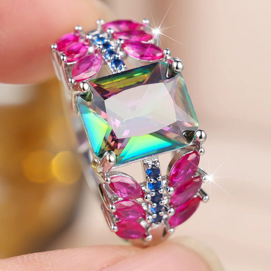 Small Charm Female Rainbow Square Zircon Stone Ring Vintage Silver Color Wedding Jewelry For Women