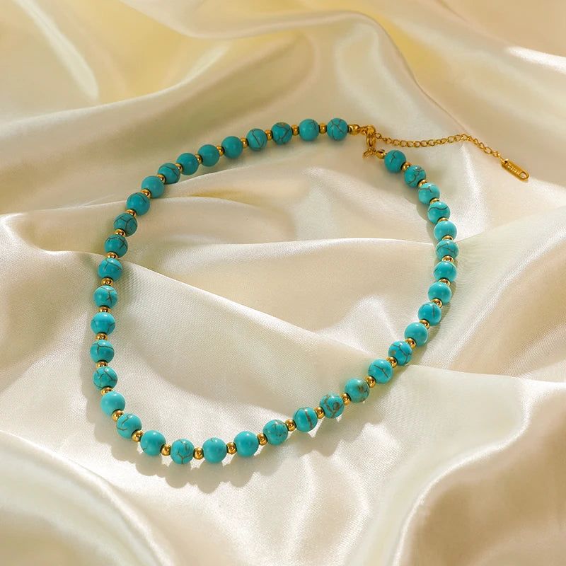 EILIECK 316L Stainless Steel Green Stone Necklaces Irregular Bead String Necklace Fashion Women's Vacation Jewelry Chain Chokers