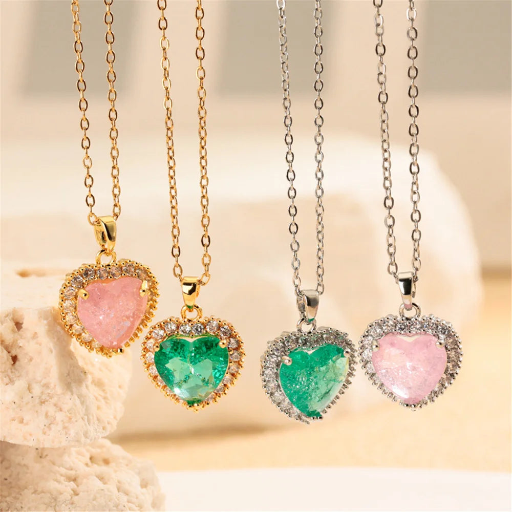Small Heart Love Charm Female Pink Green Zircon 2026 Fashion Pendant Necklace Gold Silver Color Wedding Jewelry For Cute Women