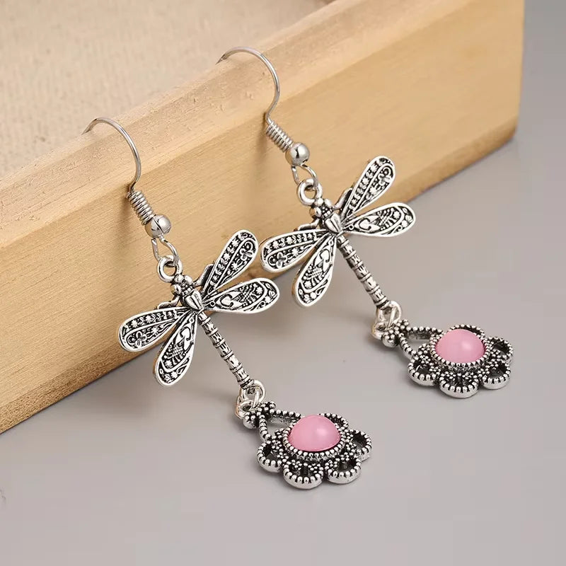 Vintage Retro Bohemian Geometric Pink Stone Dragonfly Drop Earrings for Women Fashionable Boho Ethnic Style Flower Party Jewelry