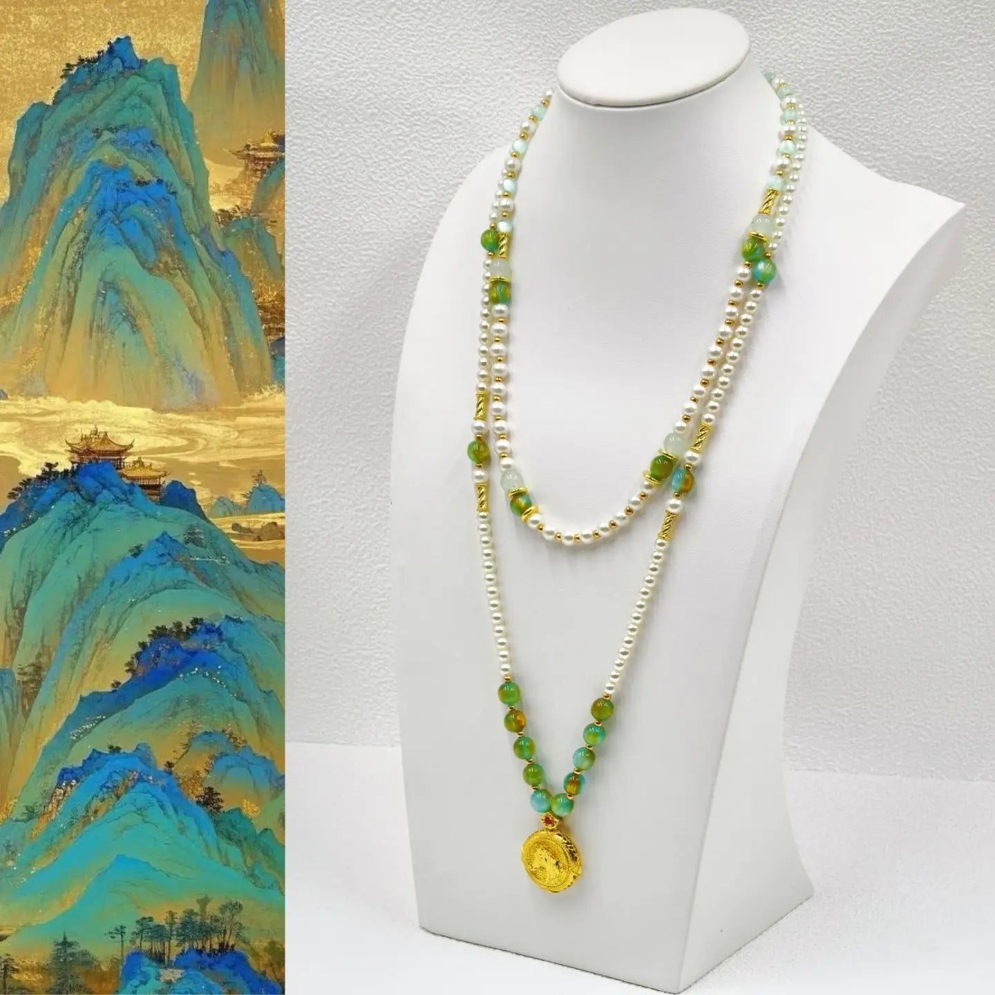 Year of the Horse Limited Oil Painting Gilded Pearl Pendant, Chinese Style Double layered Shijia High quality Pearl Necklace, Ho