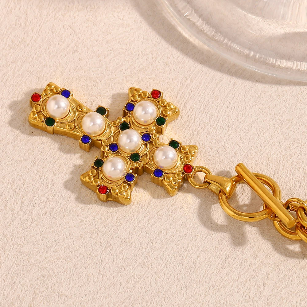 E.B.belle Vintage Style OT Buckle Blue Rhinestone Pearl Cross Pendant Necklace 18K Gold Plated Stainless Steel Neck Jewelry