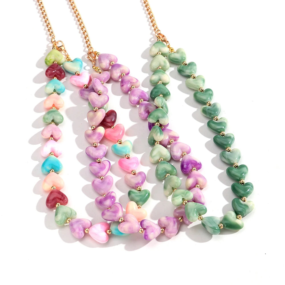 New Colorful Acrylic Geometric Heart Beaded Necklace Bracelet Set Fashion Love Heart Beads Choker Necklace Women Jewelry Gifts