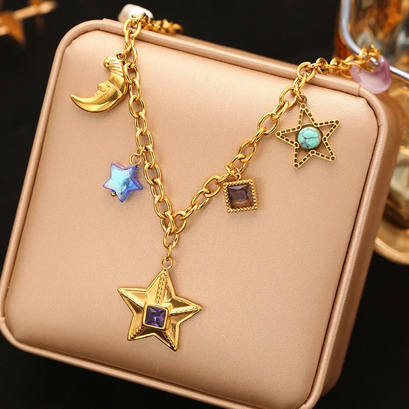EILIECK 316L Stainless Steel Multiple Charms Pendant Necklace For Women Trendy 18K Gold PVD Plated Waterproof Neck Chain Jewelry