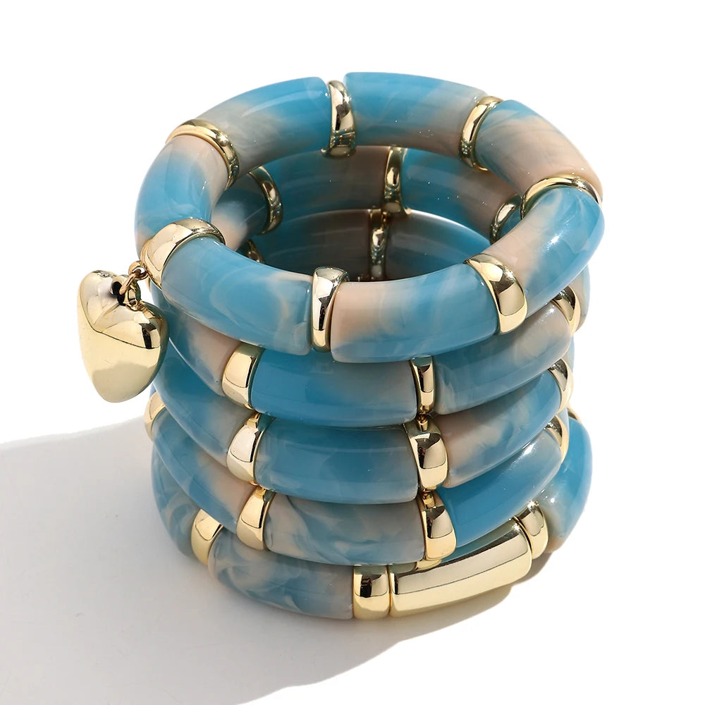New Acrylic Thick Tube Bead Bracelets Set Fashion Geometric Bamboo Beaded Bangle Bracelets Jewelry Gifts Accessory