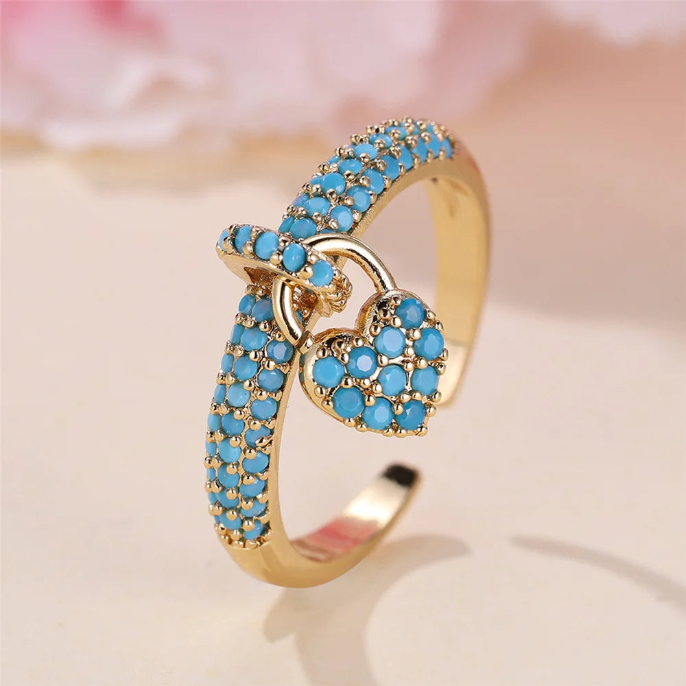 Charm Female Water Blue Crytal Adjustable Love Heart Open Ring Gold Color Cute Gift Wedding Jewelry For Women