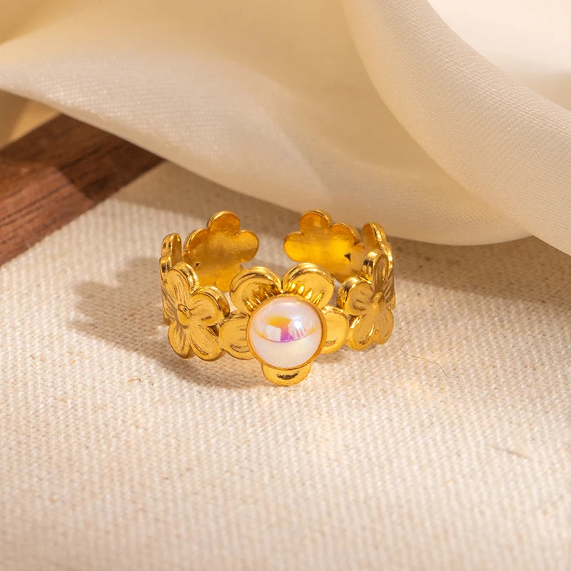 ANENJERY 316L Stainless Steel Flower Inlaid Colorful Stone Open Ring for Women Men Beauty Delicate Jewelry Gifts Wholesale