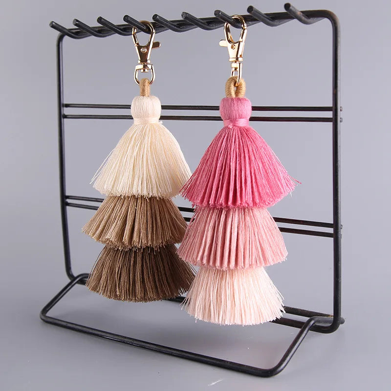 Boho Colorful Three-layer Tassels Pendant Keychains Ethnic Style Handmade Tassel Drop Jewelry Gifts Bag Accessory